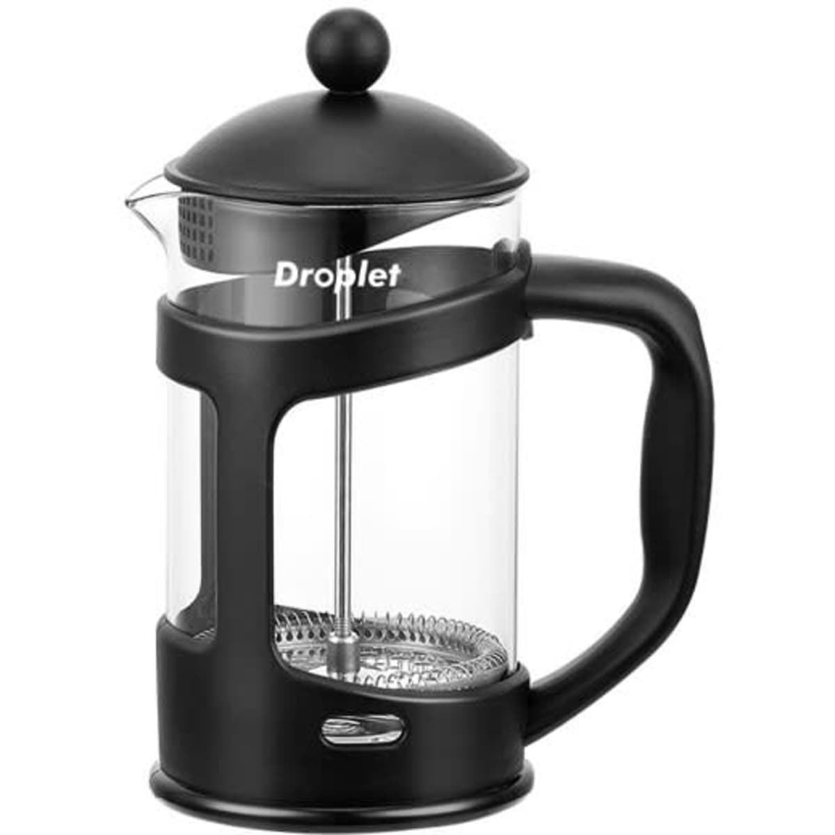 A 1L French press coffee maker with a black plastic frame, glass body, and silver filter. It has a matching black lid.