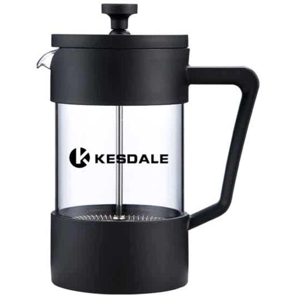A black detachable French press coffee and tea maker with a clear glass body and a branded logo.