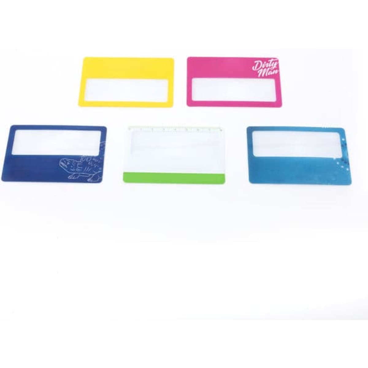 A set of five credit card shaped magnifiers in yellow, pink, green, blue, and a patterned design, featuring clear viewing areas.