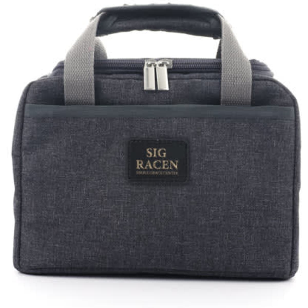 A dark grey insulated lunch bag with a zip closure and sturdy handles, featuring a branding logo on the front.