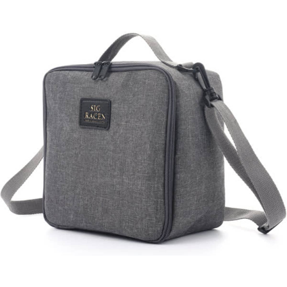 A grey insulated lunch bag with a shoulder strap and a logo patch on the front.