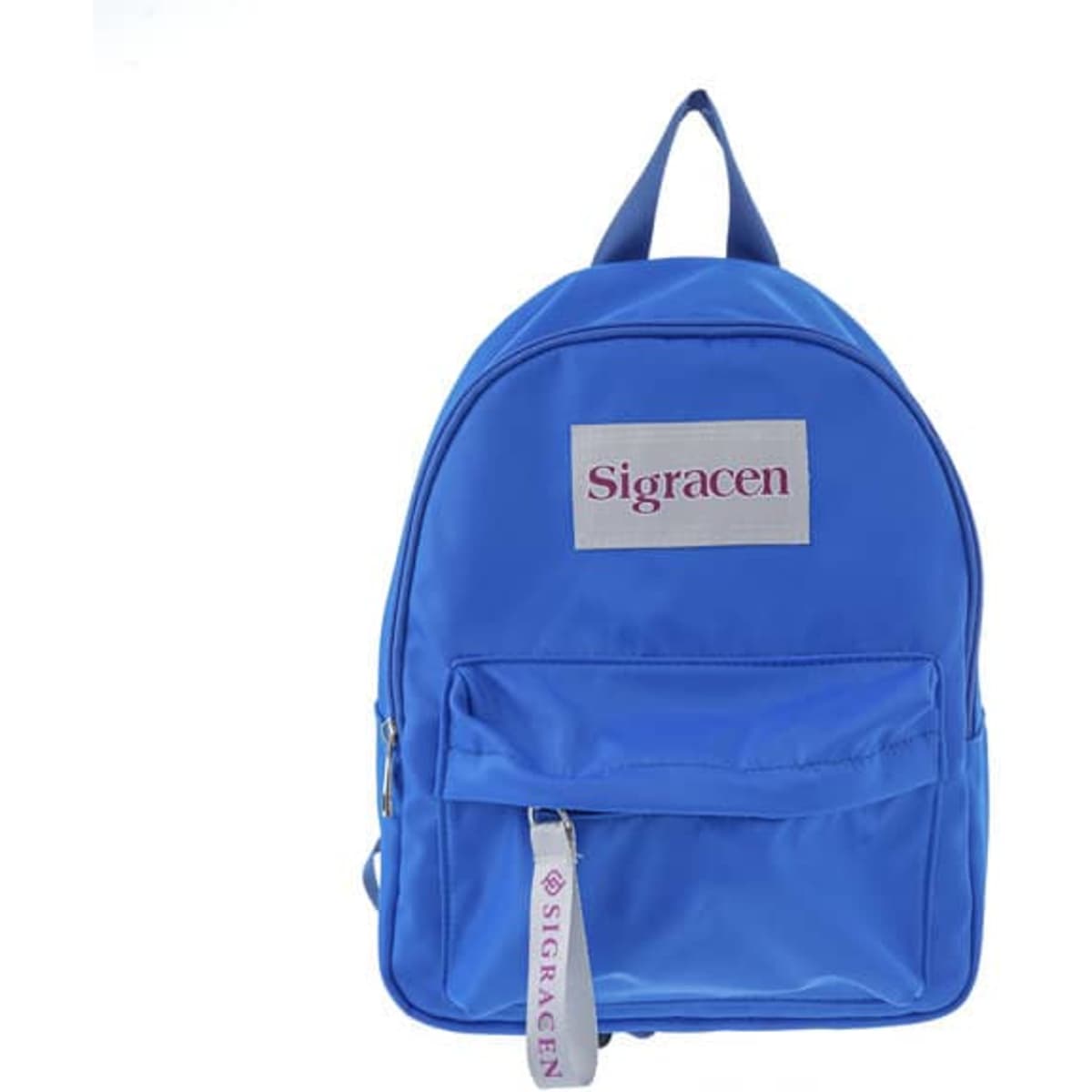 A blue nylon backpack featuring a front pocket and a logo tag on the side.