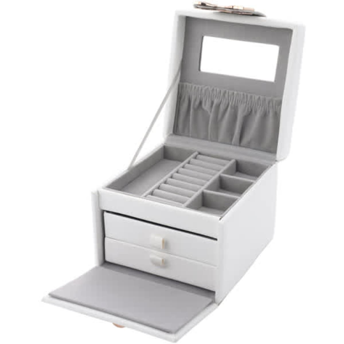 A white square jewellery box with a handle, featuring compartments, drawers, and a mirror inside the lid.