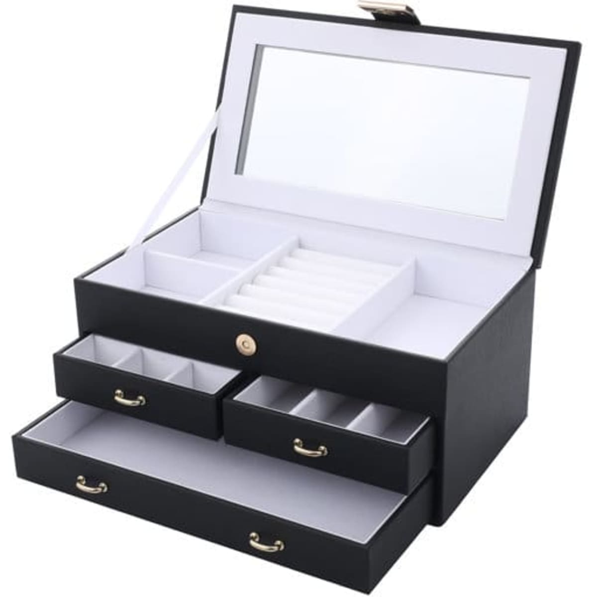 A black three-layer jewellery box with a mirror, multiple compartments, and two drawers for storage.