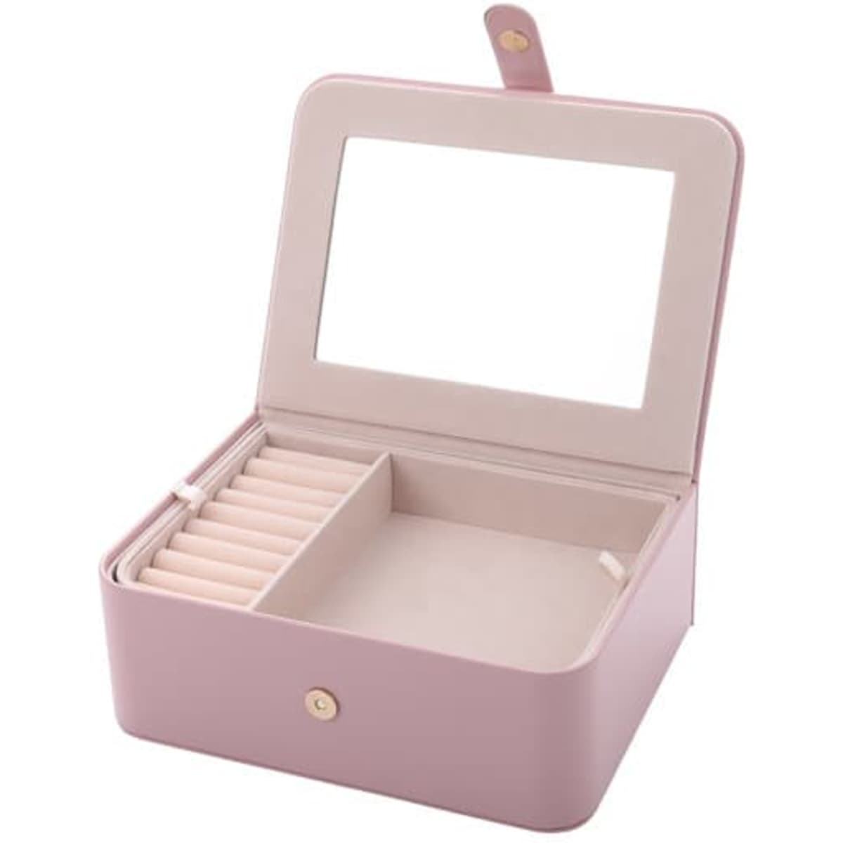 A pink PU jewelry box with a mirror, featuring compartments for storage and a soft interior.