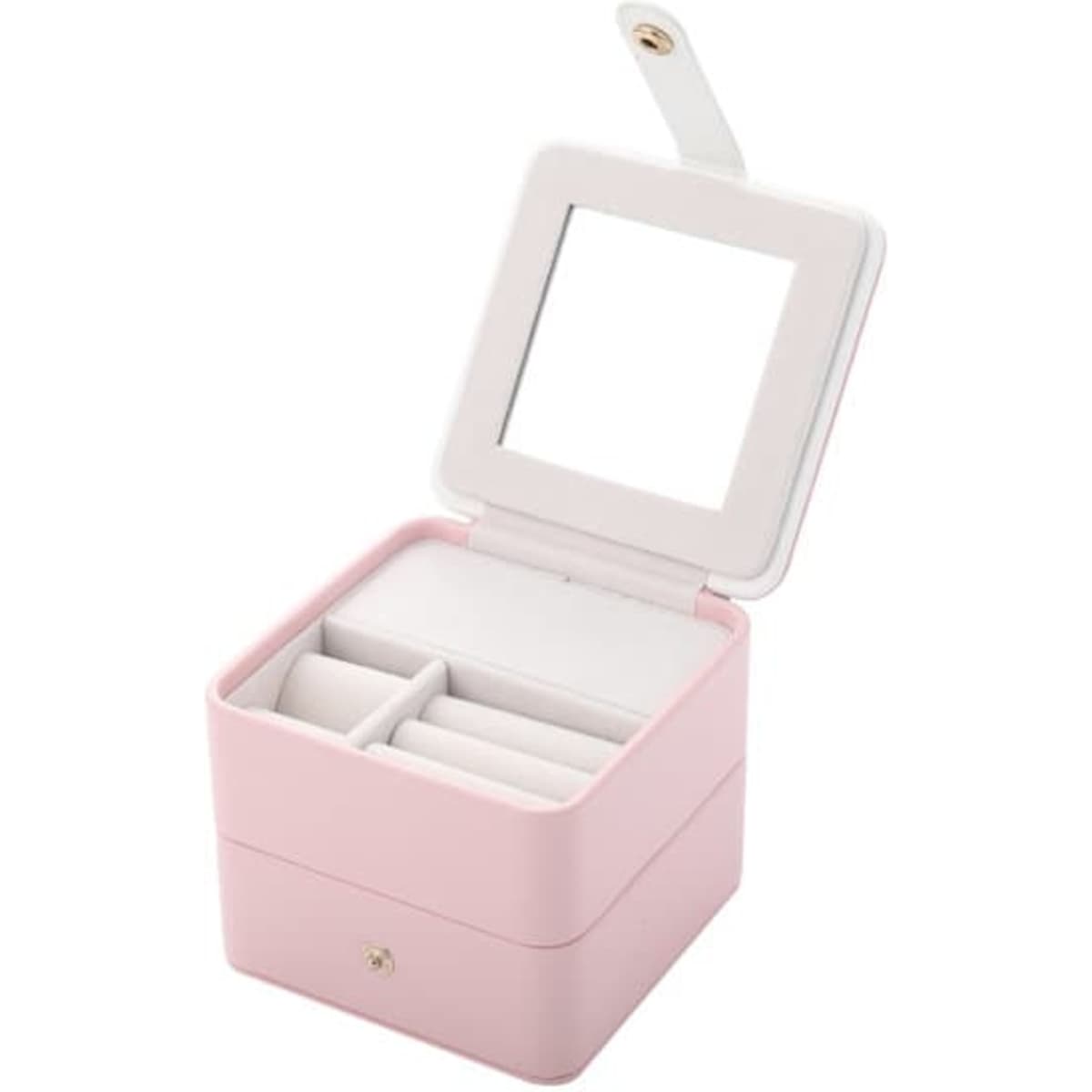 A pink mini jewelry box with a white interior and a mirror, featuring compartments for organisation.