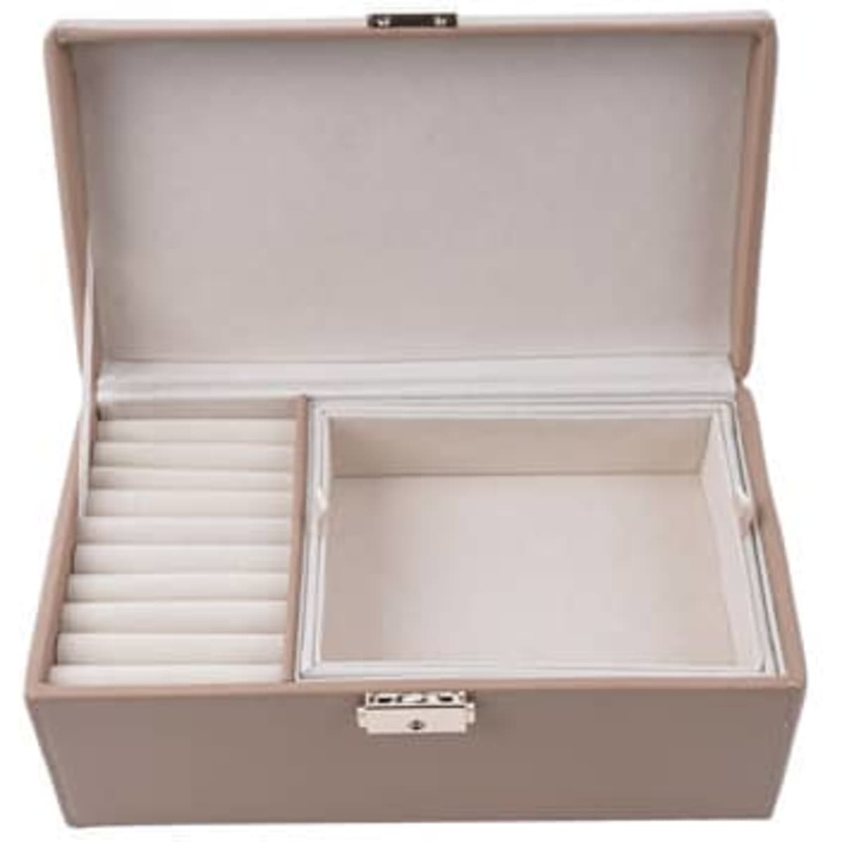 A jewellery box with a handle, featuring a soft beige exterior, multiple compartments, and a removable insert.