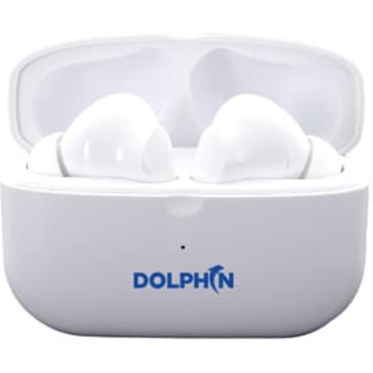 White wireless earbuds in a charging case, featuring a logo on the case.