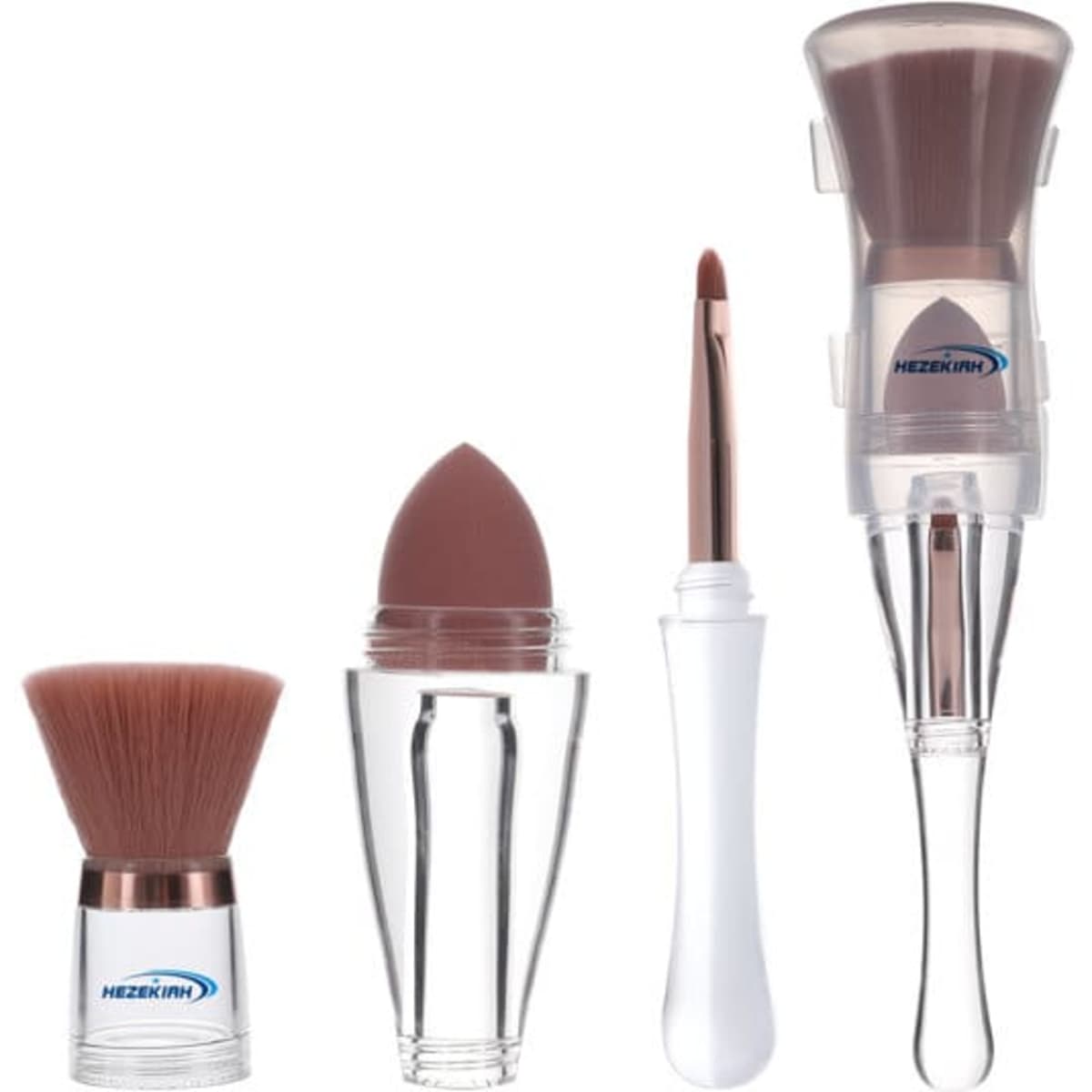 A 3 in 1 makeup brush set featuring a clear handle, brown bristles, and a white applicator. Includes various brush types.