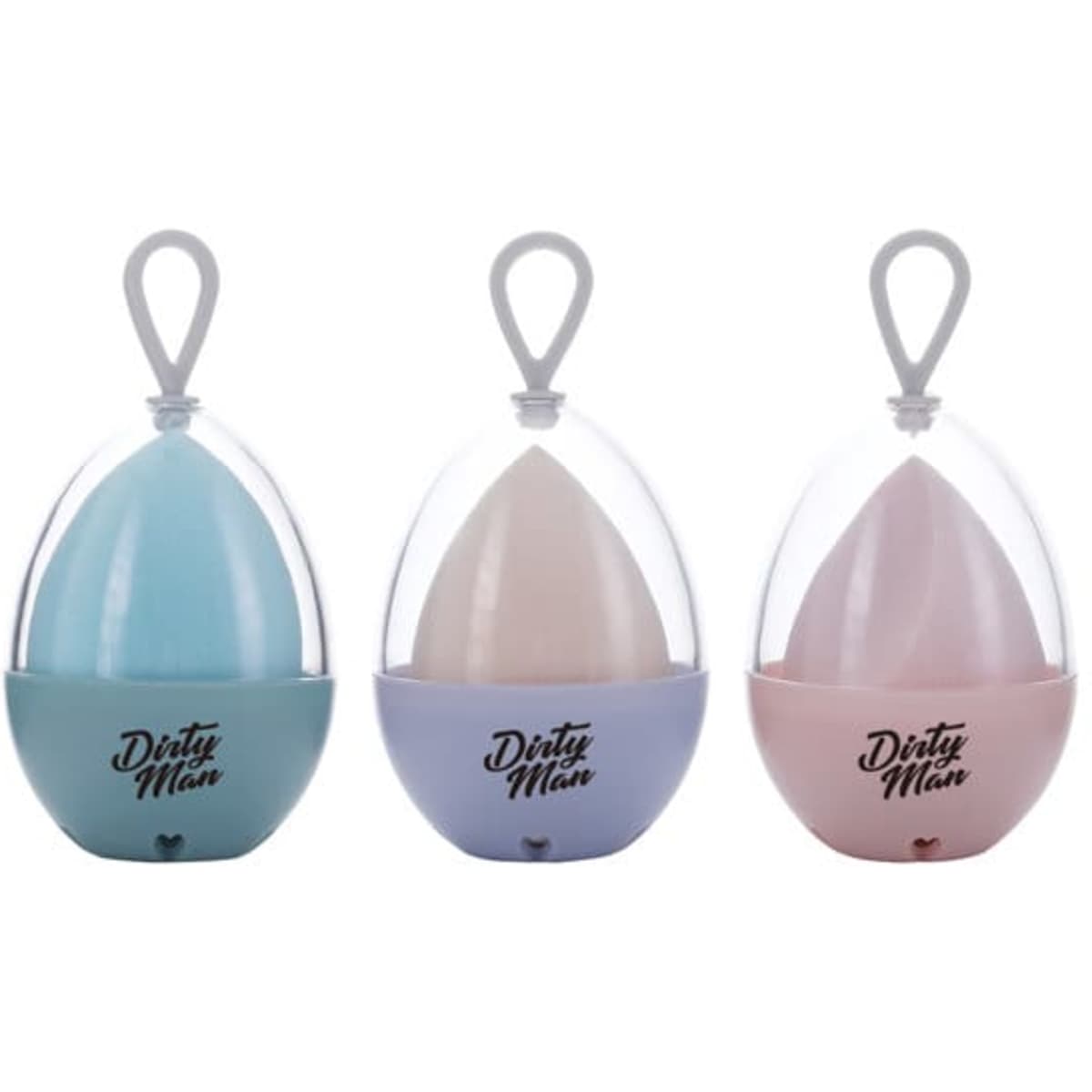 A beauty sponge egg set in blue, pink, and beige, each encased in a transparent storage box.