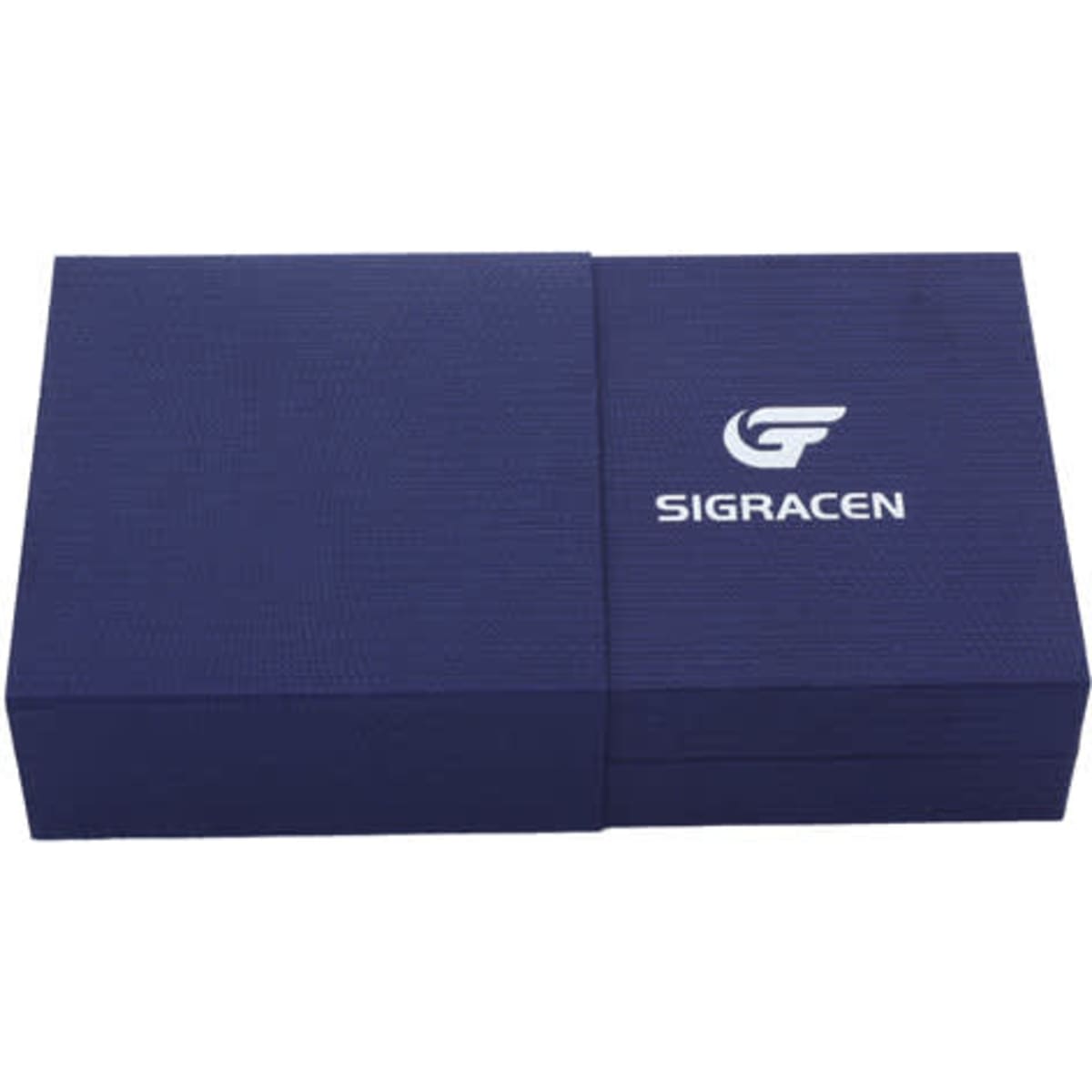 A navy blue custom bangle gift box with a logo on the front, featuring a smooth texture.