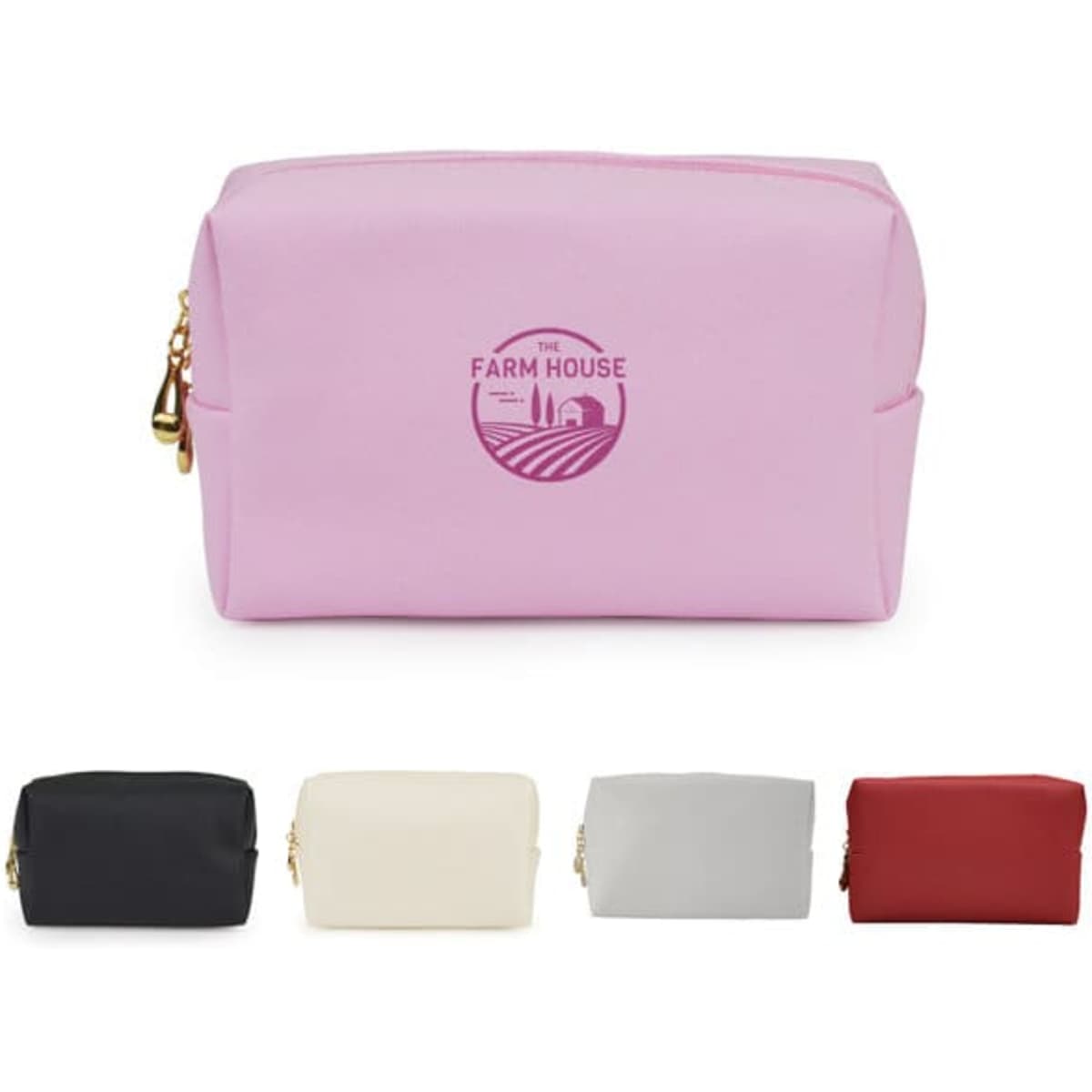 A pink portable square waterproof cosmetic bag with a logo, displayed alongside black, white, grey, and red versions.