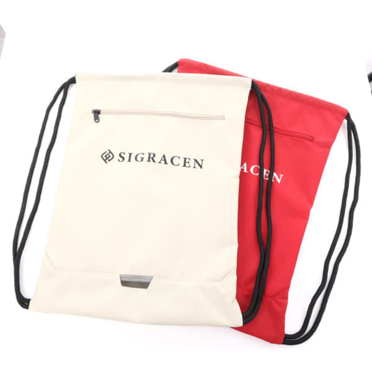 A drawstring backpack in cream and red, featuring a front zip pocket and a logo.