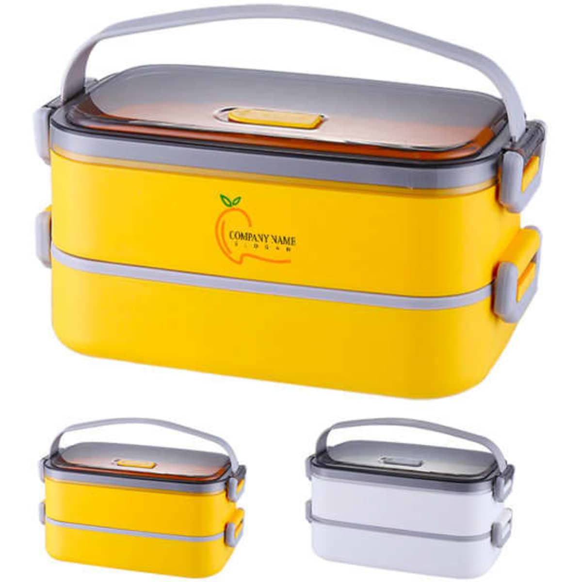 A stainless steel multilayer lunch box in yellow and grey with a transparent lid and a handle, featuring a logo.