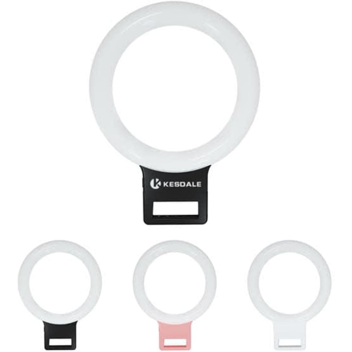 A set of four ring lights in white, black, and pink, designed for attachment to phones. Features a logo.