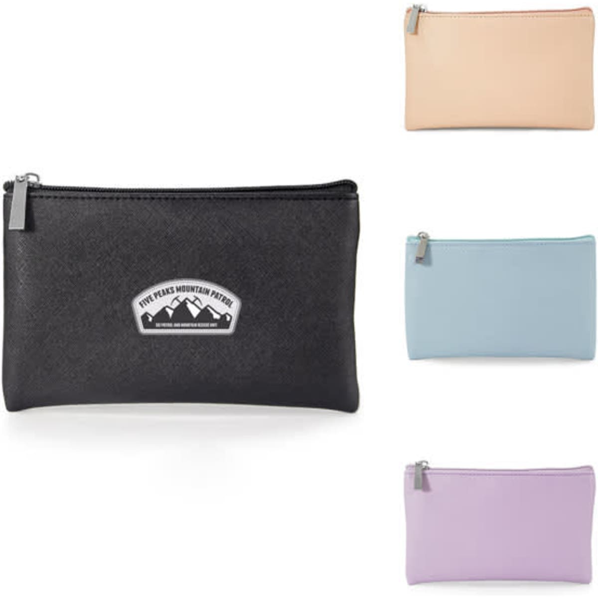 A personalised PU leather makeup bag in black, with additional bags in peach, blue, and light purple. Features a logo.