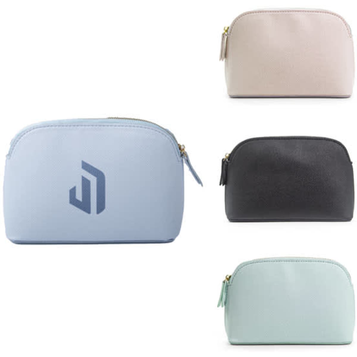 A lightweight small leather cosmetic bag in blue, black, pink, and mint green, featuring a logo.