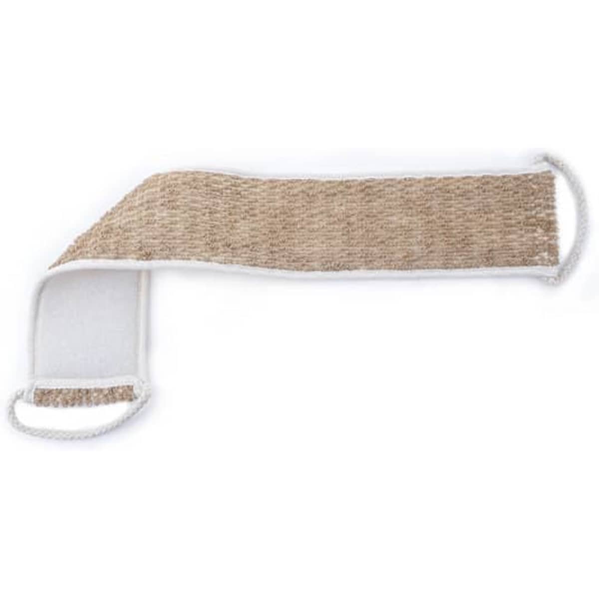 A durable jute back bath belt in brown with white edges, featuring two loop handles for grip.