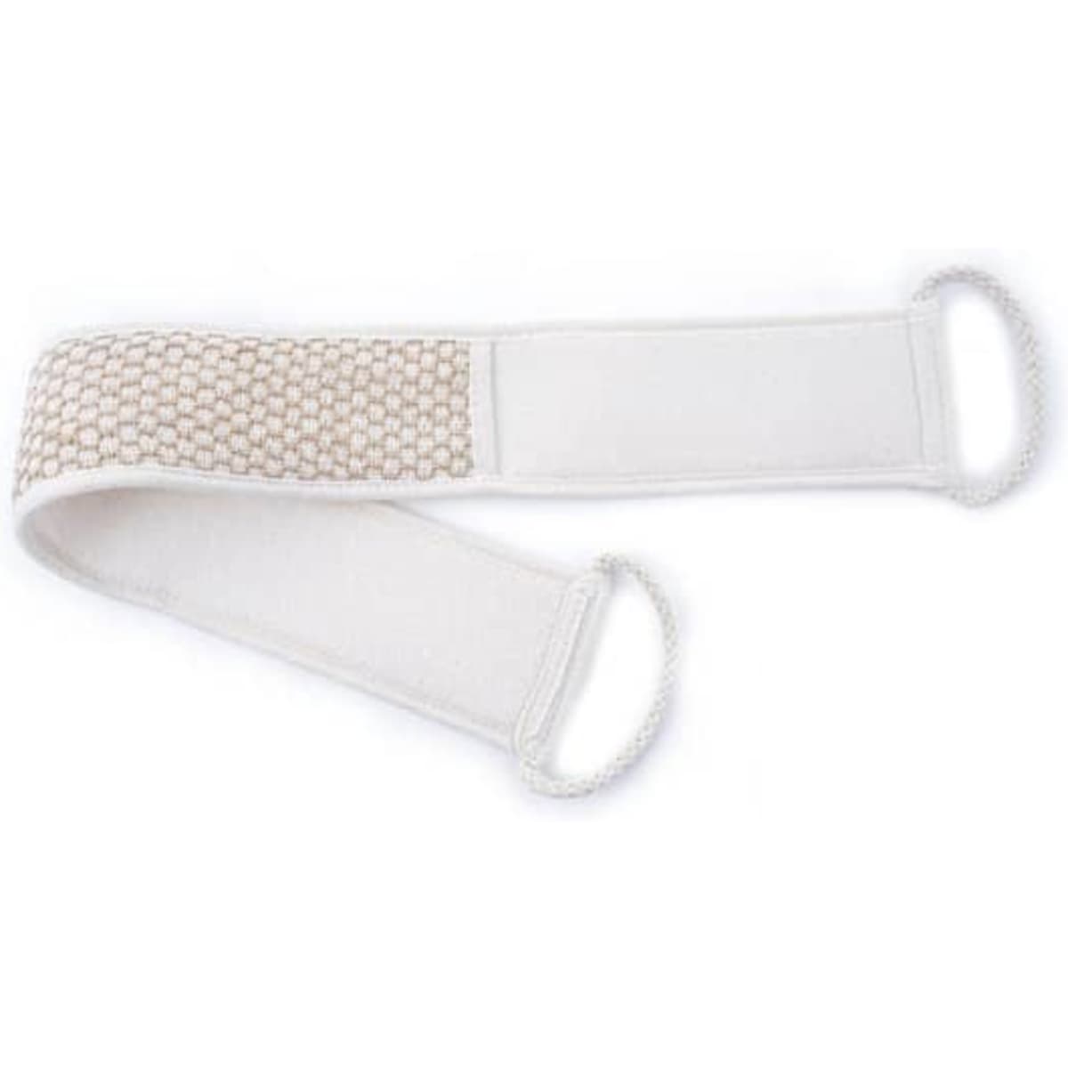 A jute sponge back bath scrubber in white with beige accents and two handles on either end.