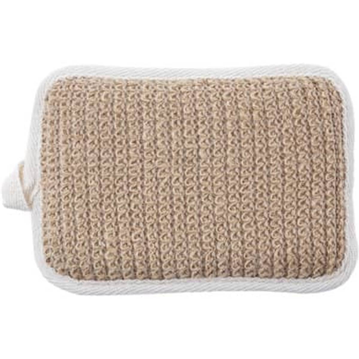 A beige jute bath sponge pad with a textured surface and a white border.
