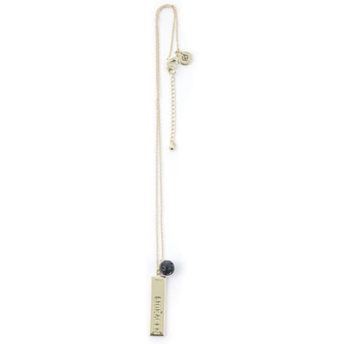 A custom metal engraved necklace featuring a gold-toned bar pendant and a small dark bead, hanging on a fine chain.