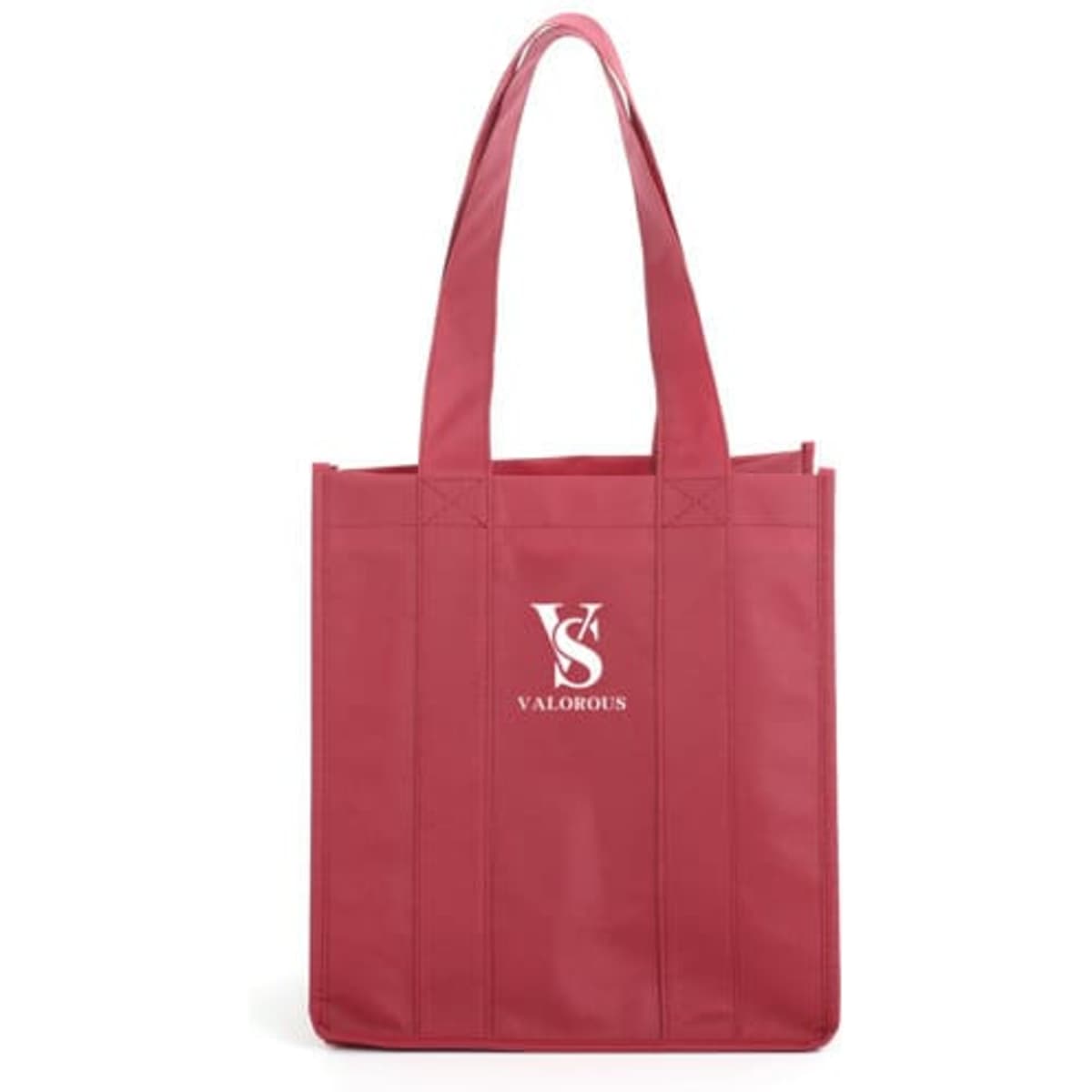 A drink bottle tote bag in a deep red colour, featuring two sturdy handles and a logo.