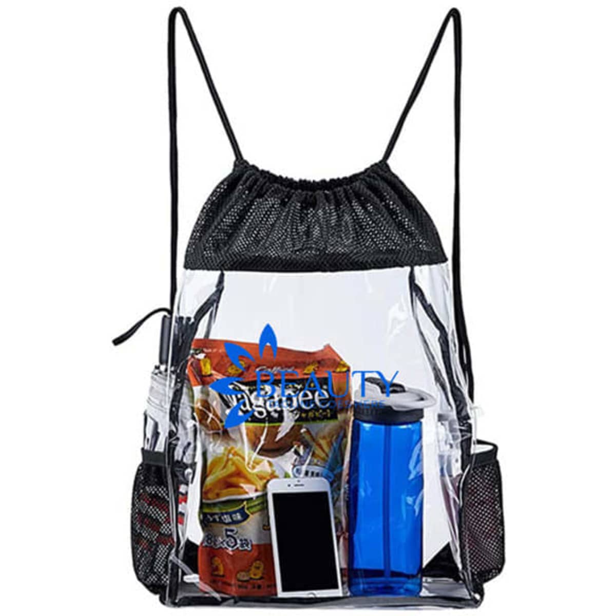 A clear PVC drawstring backpack, featuring a drink bottle, snacks, and a phone, with black mesh accents.