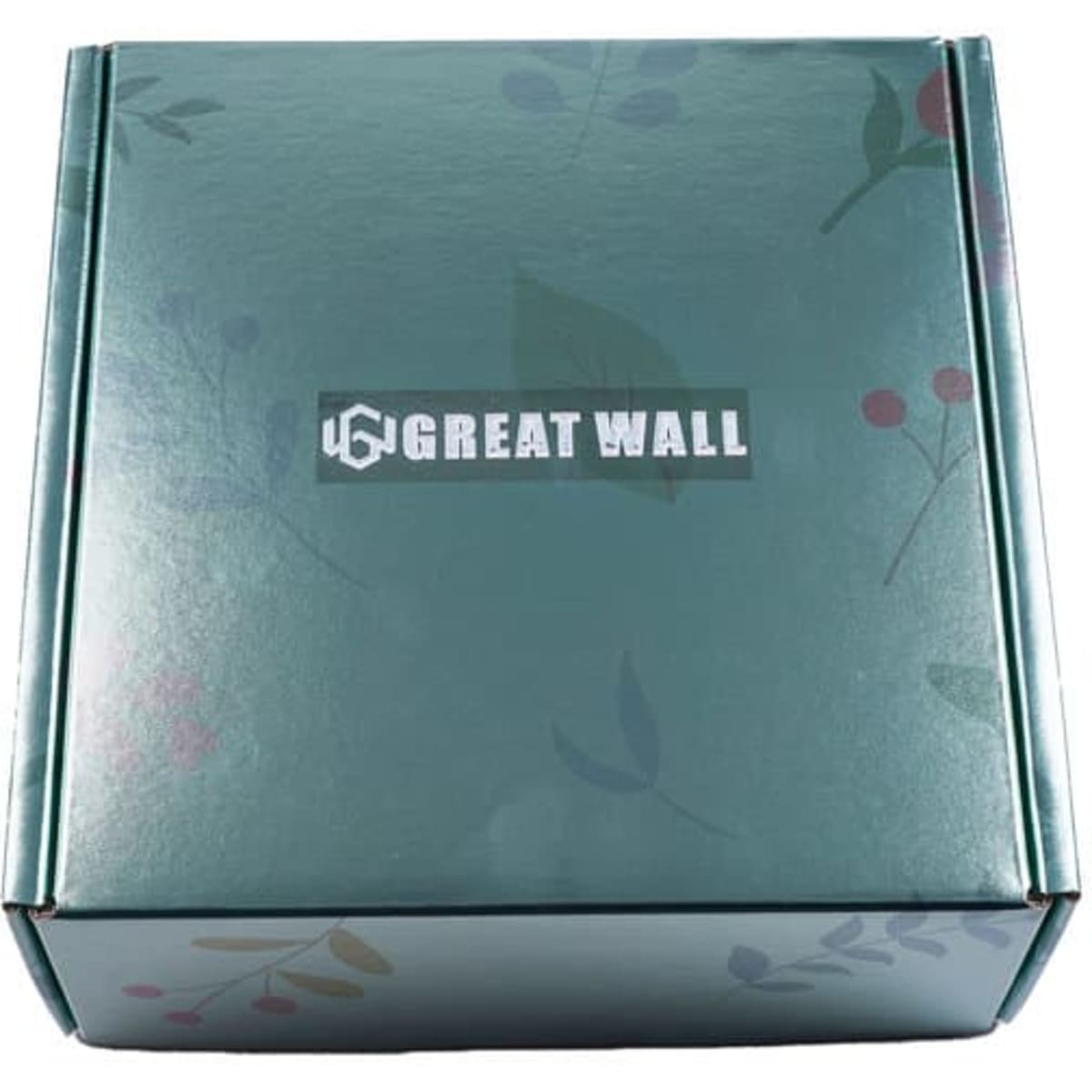 A large eco-friendly paper shipping box in green, featuring a floral design and a logo on the front.