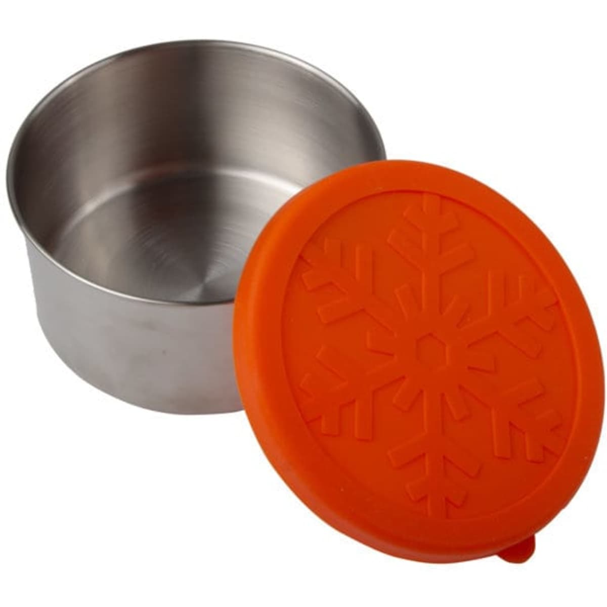 A stainless steel food container with an orange silicone lid featuring a snowflake design, open to reveal the interior.
