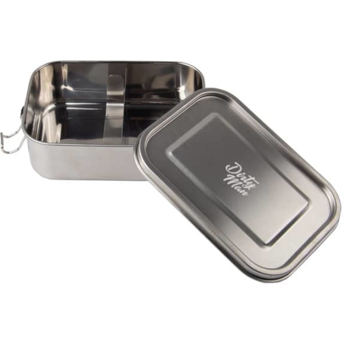 A stainless steel lunch box with a removable divider, featuring a shiny finish and a simple design.