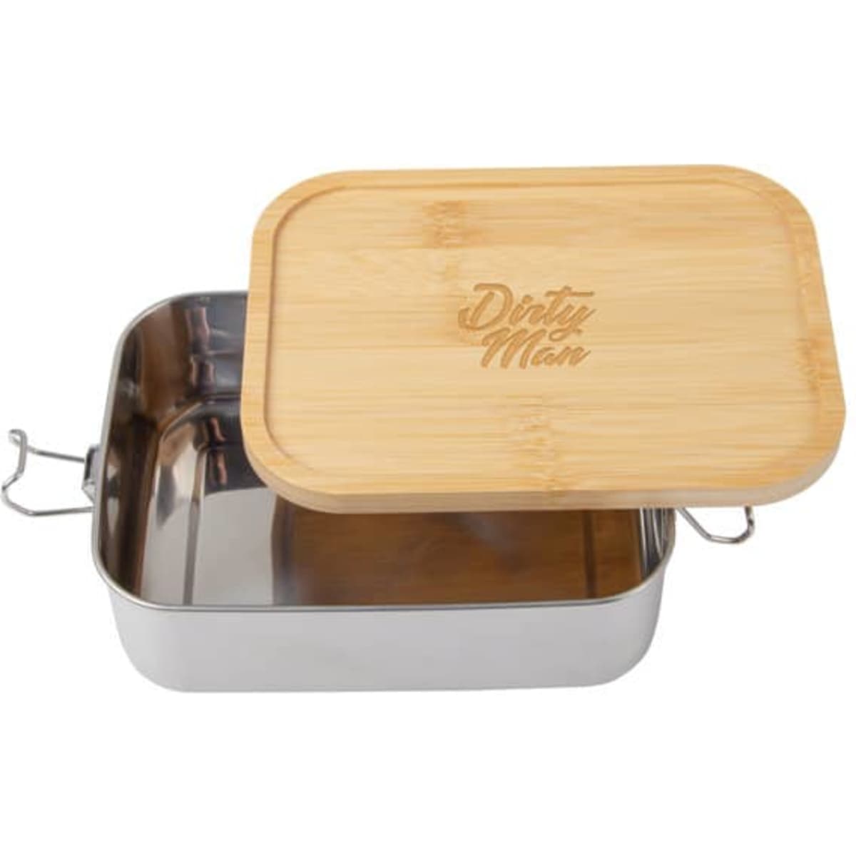 A stainless steel bento box with a natural bamboo lid, showcasing a shiny silver interior and smooth wooden top.