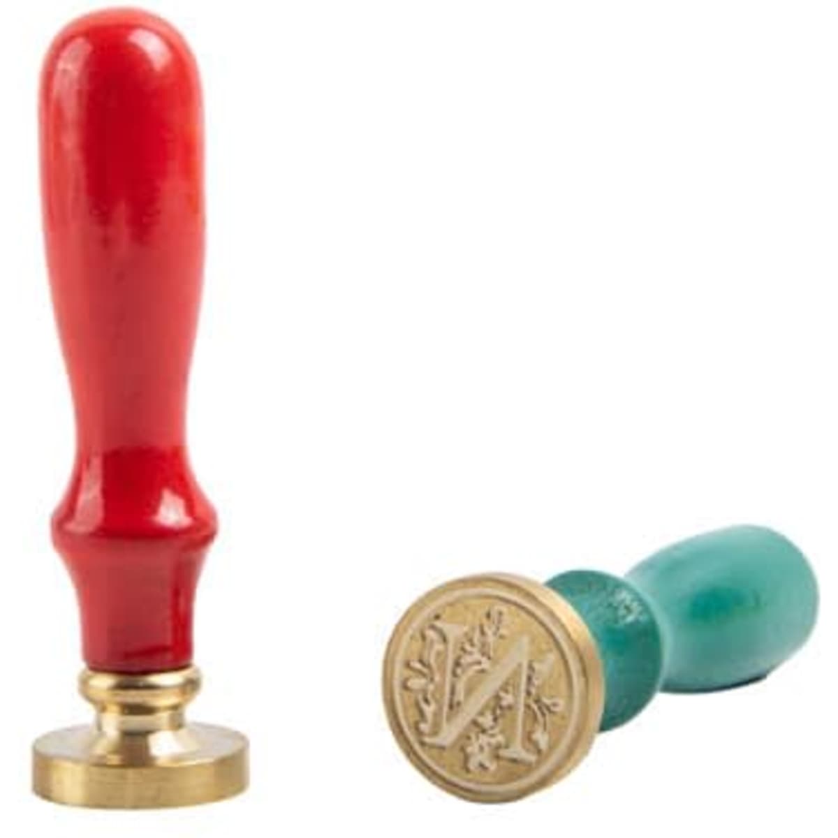 A red and a teal wax seal stamp with a brass base and decorative stamp design.