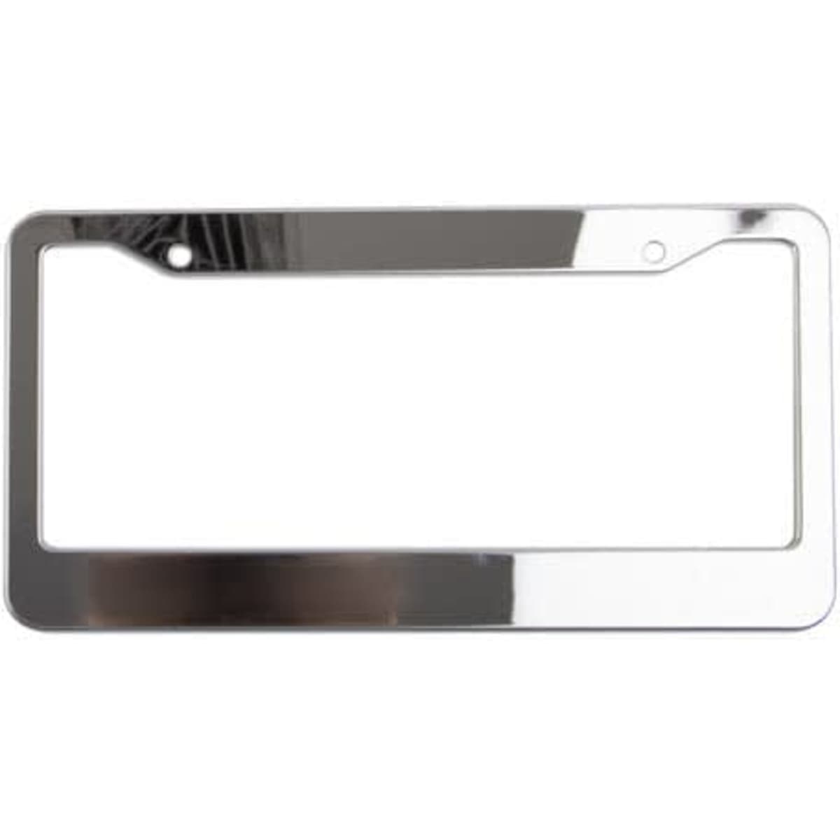 A stainless steel licence plate frame with a shiny finish and a hole for mounting. It features a simple, sleek design.