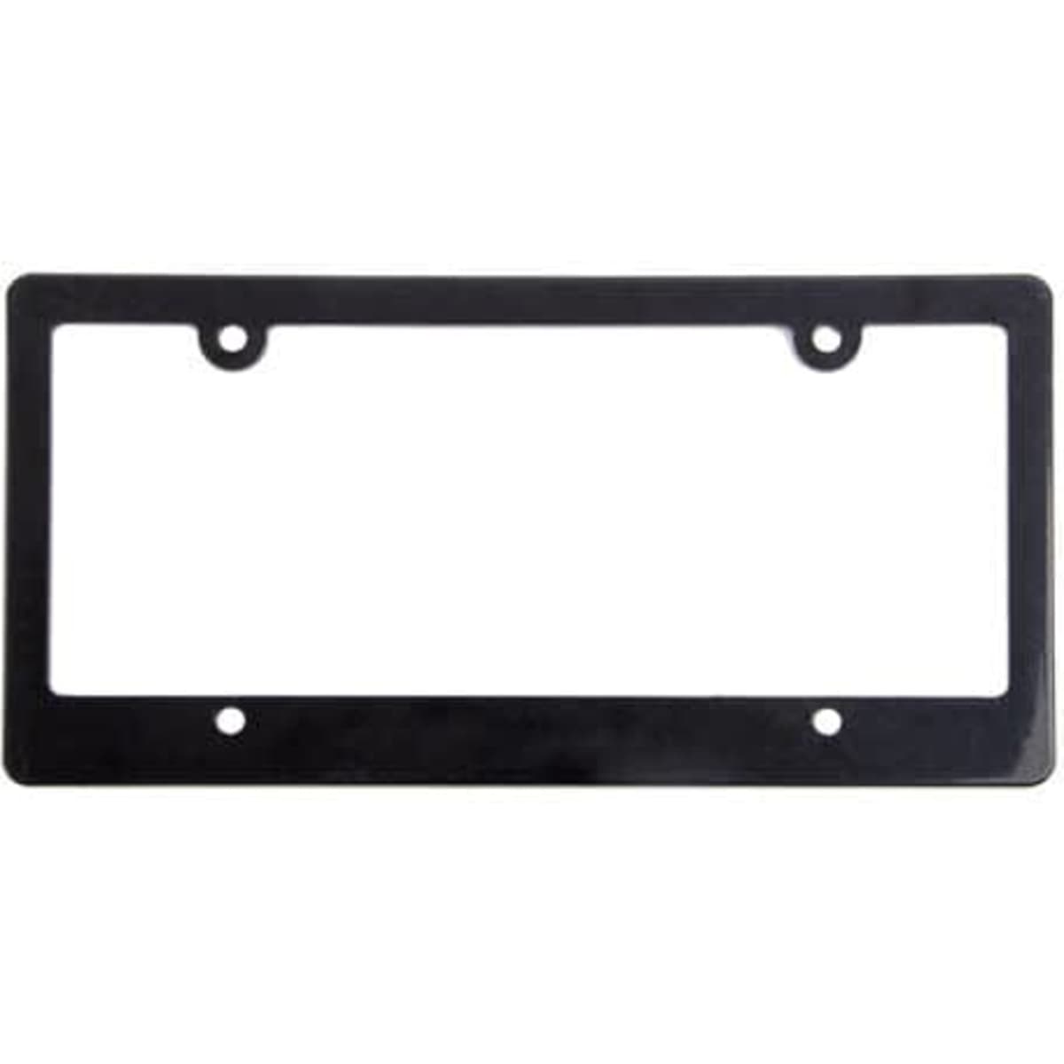 A black custom plastic license plate frame with openings for mounting. It features a simple, rectangular design.