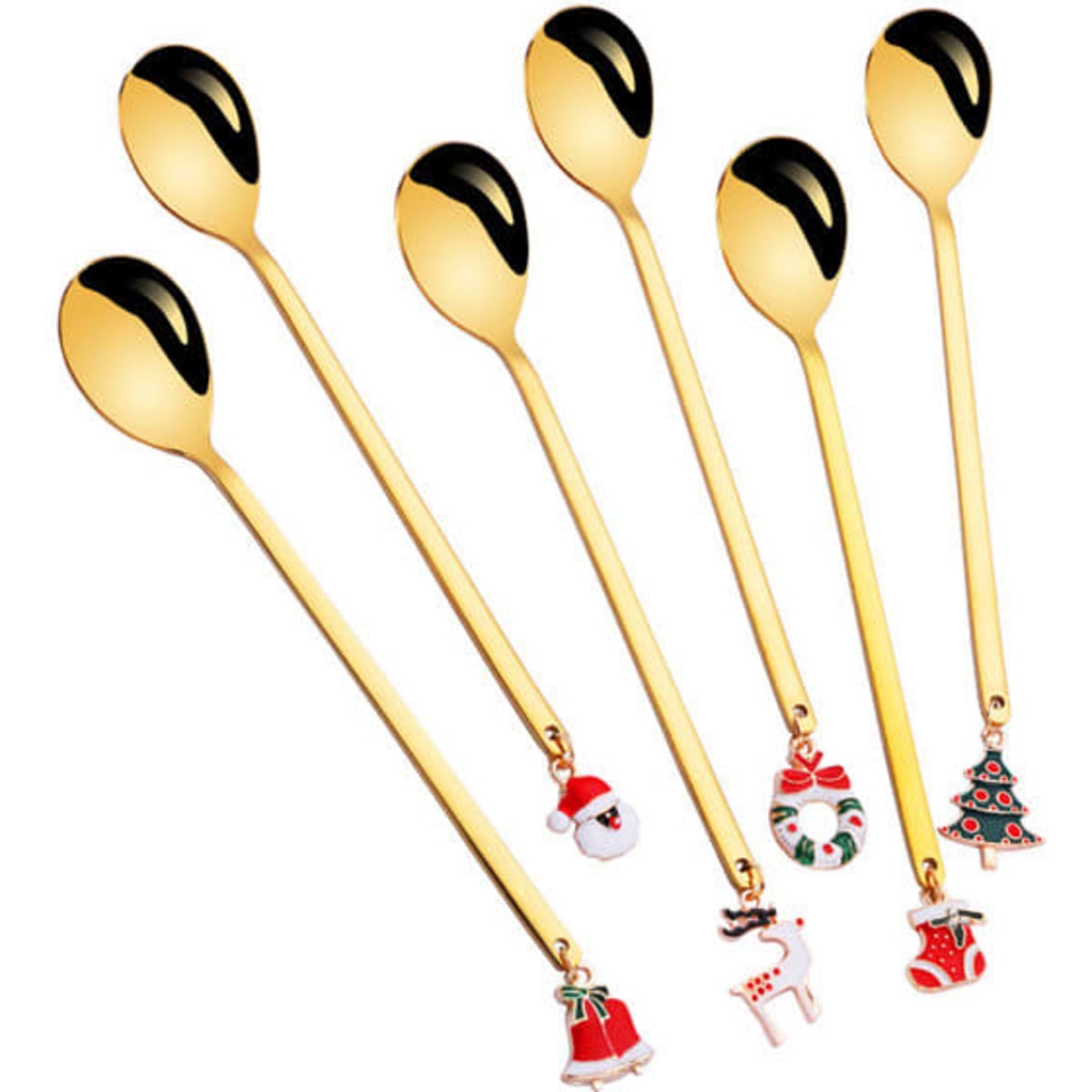 Six gold stainless steel spoons with festive charms, featuring Christmas-themed designs and a gift box.