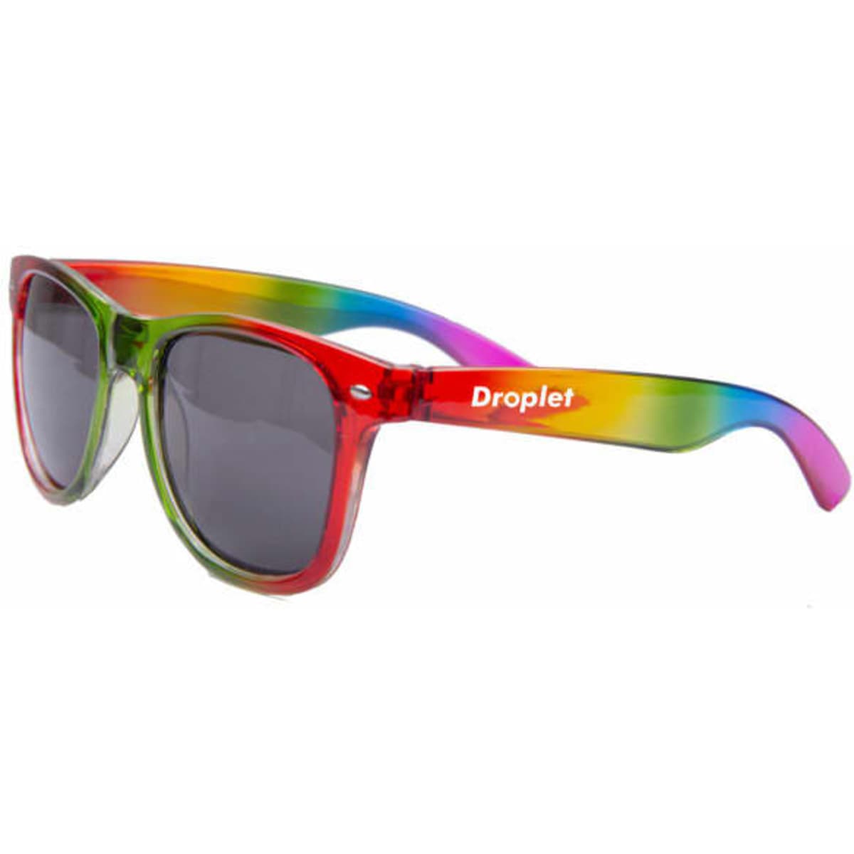 Rainbow Sun Ray Sunglasses feature a multicoloured frame with green, red, and purple accents and dark lenses.