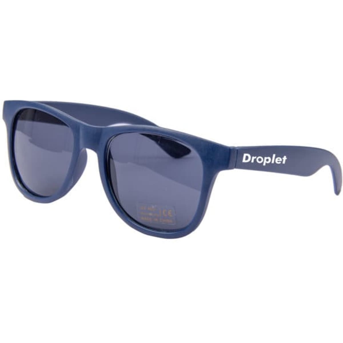 Matte navy sunglasses with dark lenses, featuring a logo on the arm.