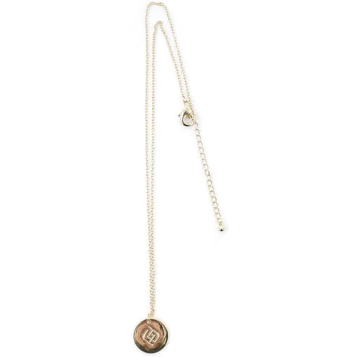 A gold adjustable necklace featuring a round pendant with a logo. The chain is delicate and includes an extension.
