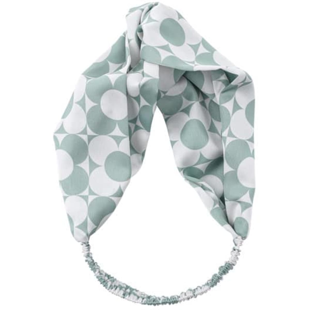 A mint green satin cross headband featuring a geometric pattern in white. It has an elasticated band for comfort.