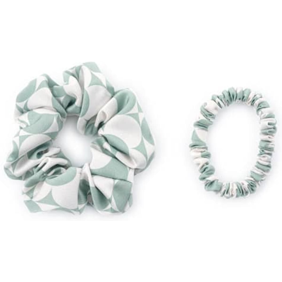 A silk hair scrunchie set featuring a large patterned scrunchie in mint green and white, and a smaller solid mint green scrunchie.