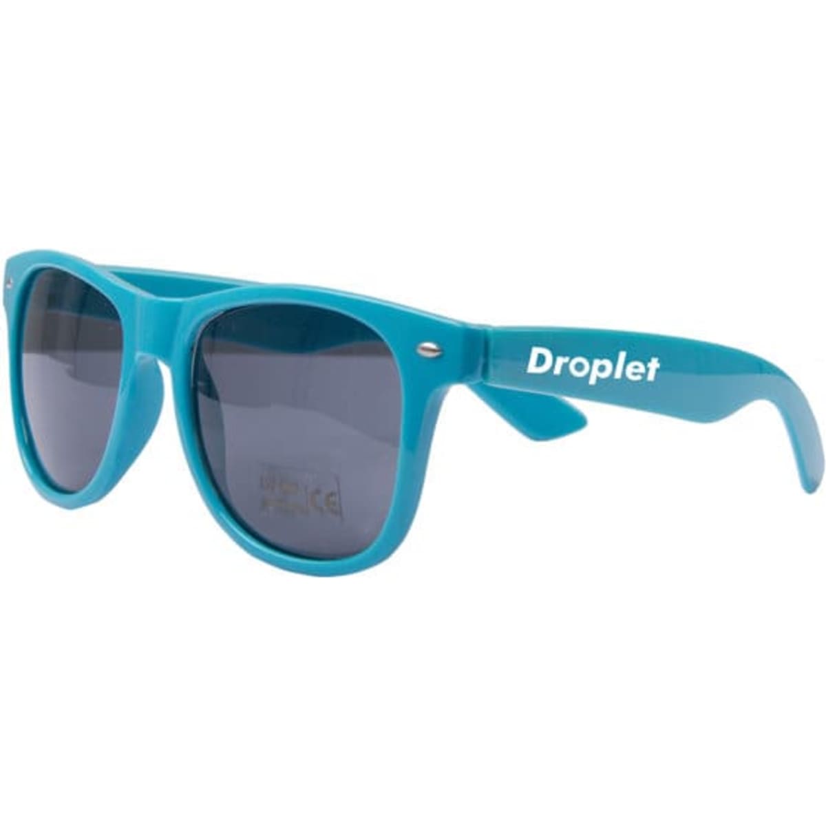 A pair of custom imprinted sunglasses in vibrant turquoise with dark lenses and a logo on the side.
