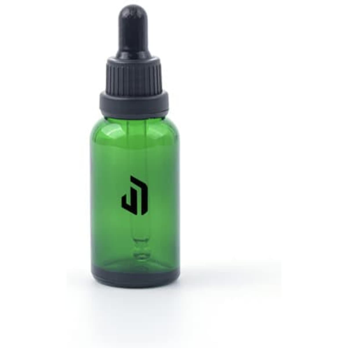 A green glass dropper bottle with a black lid, featuring a logo on the front. Suitable for various liquids.