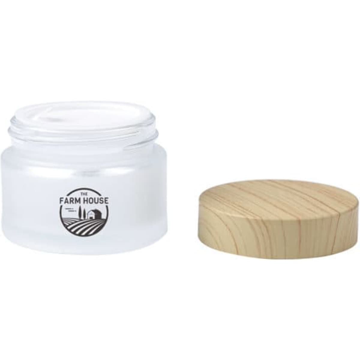 A frosted glass cream jar with a wooden lid and a logo, featuring a smooth, minimalist design.