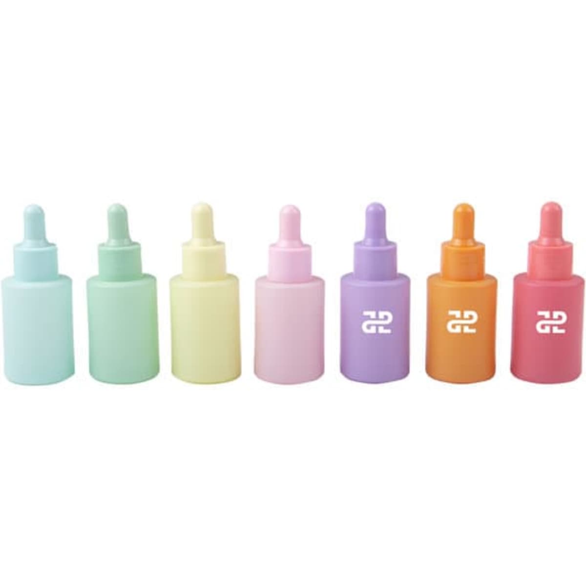 A drink bottle collection featuring eight 1 oz. glass dropper bottles in pastel colours with various shades and a logo.