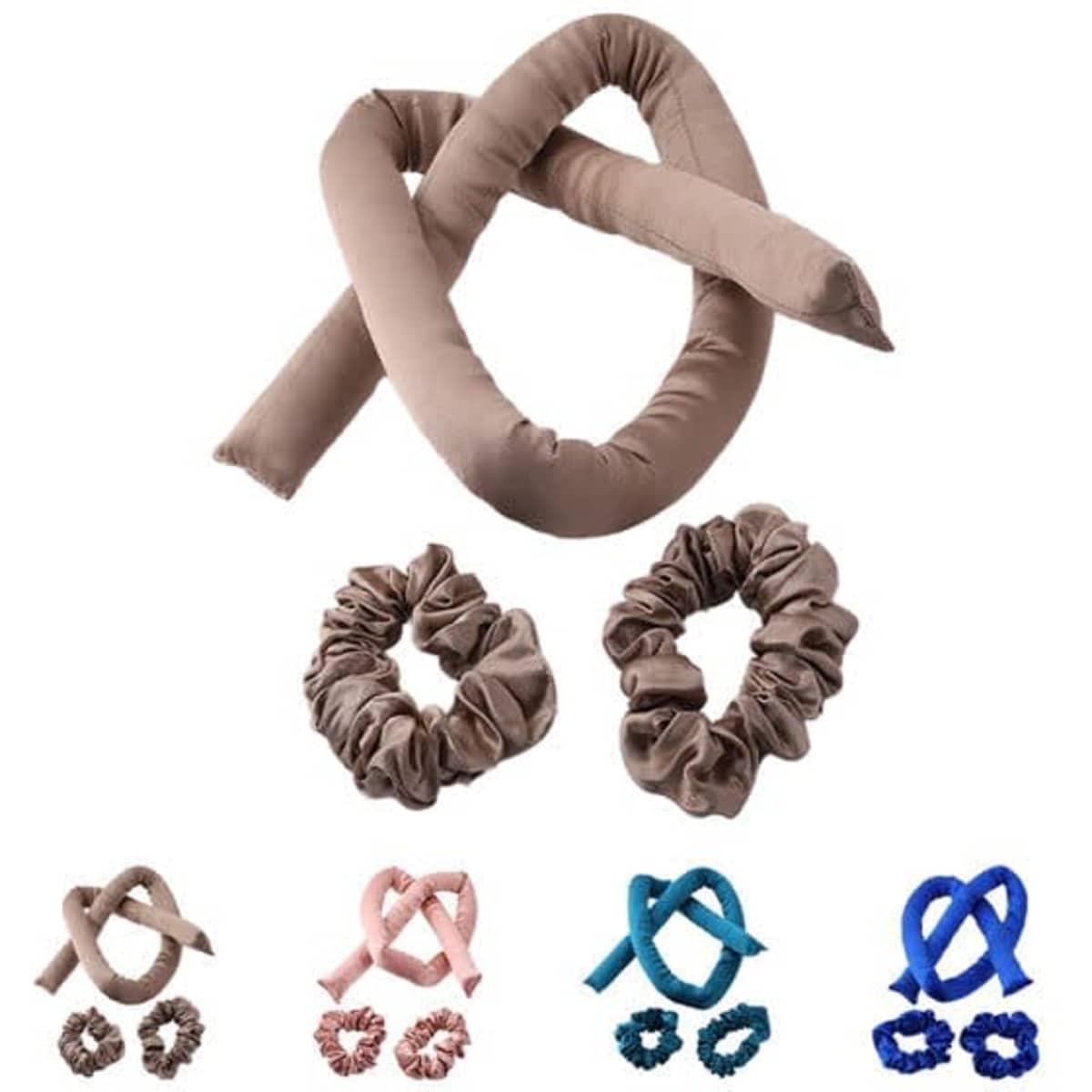 A heatless hair curling rod in brown with three matching scrunchies in brown, pink, and blue.