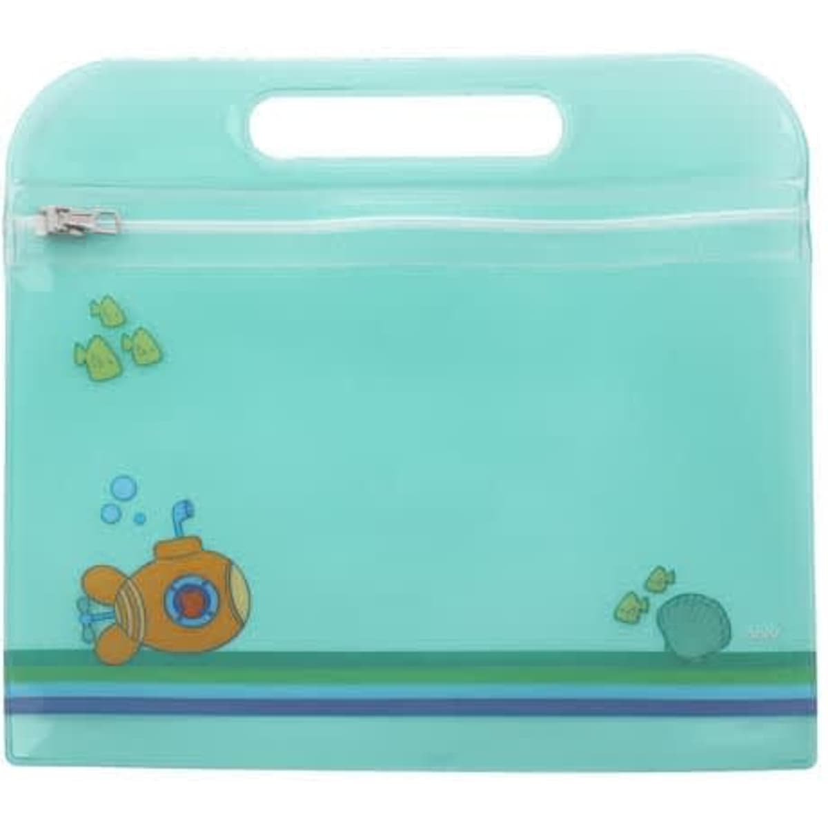 A clear turquoise zippered pouch with a die-cut handle and playful underwater designs.