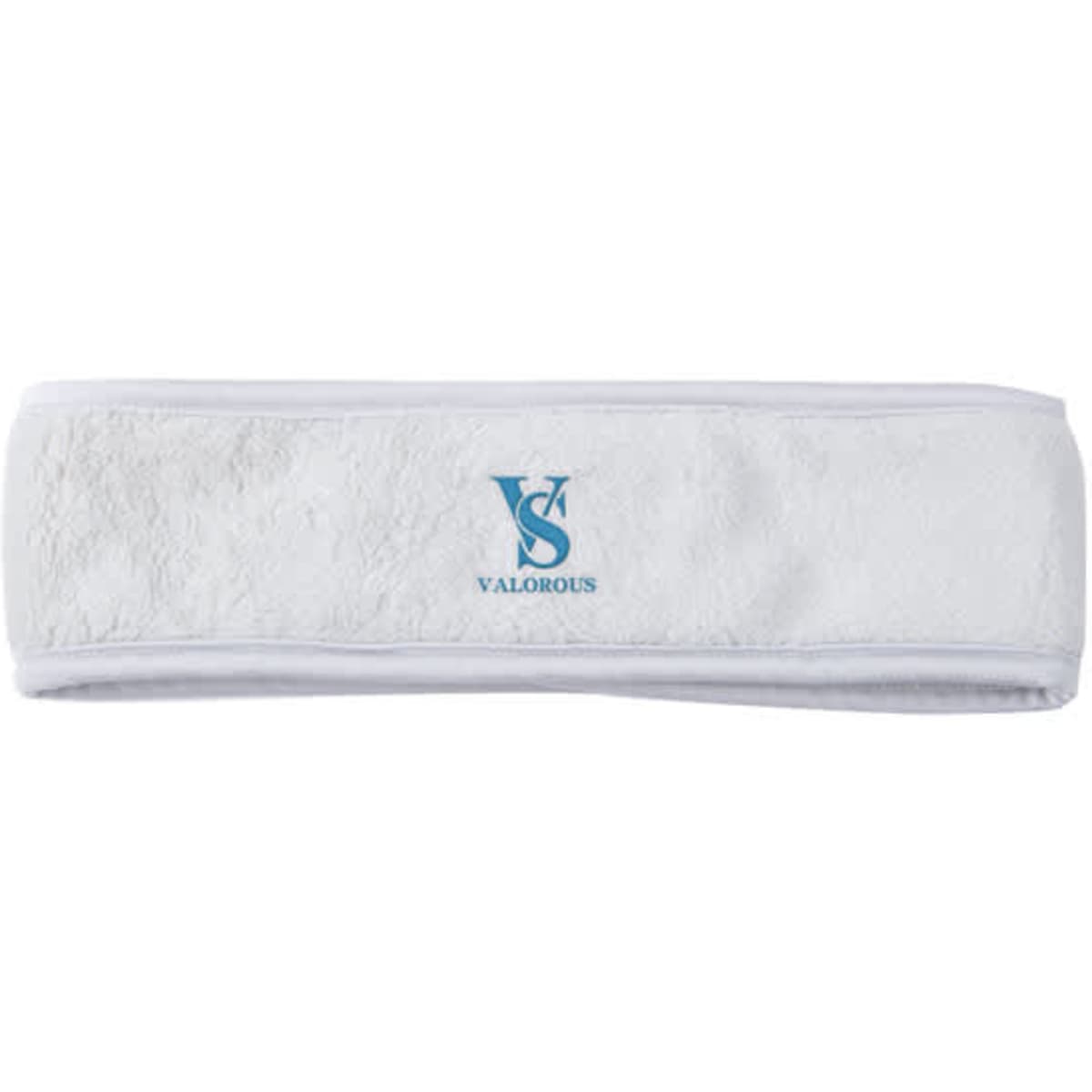 A white headband made of soft fabric featuring a light blue logo. Ideal for headwear use.
