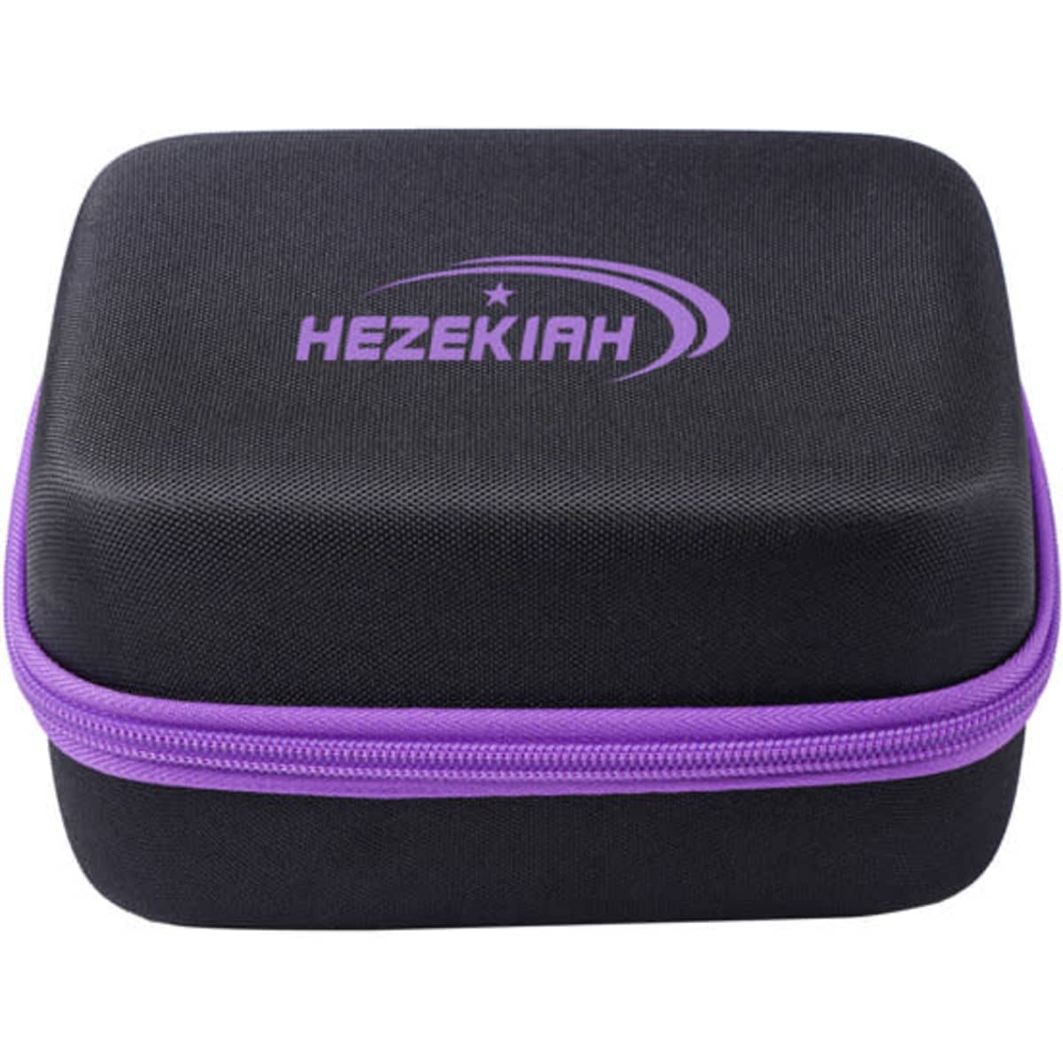 A black storage case with a purple zipper and logo, designed for essential oil bottles.