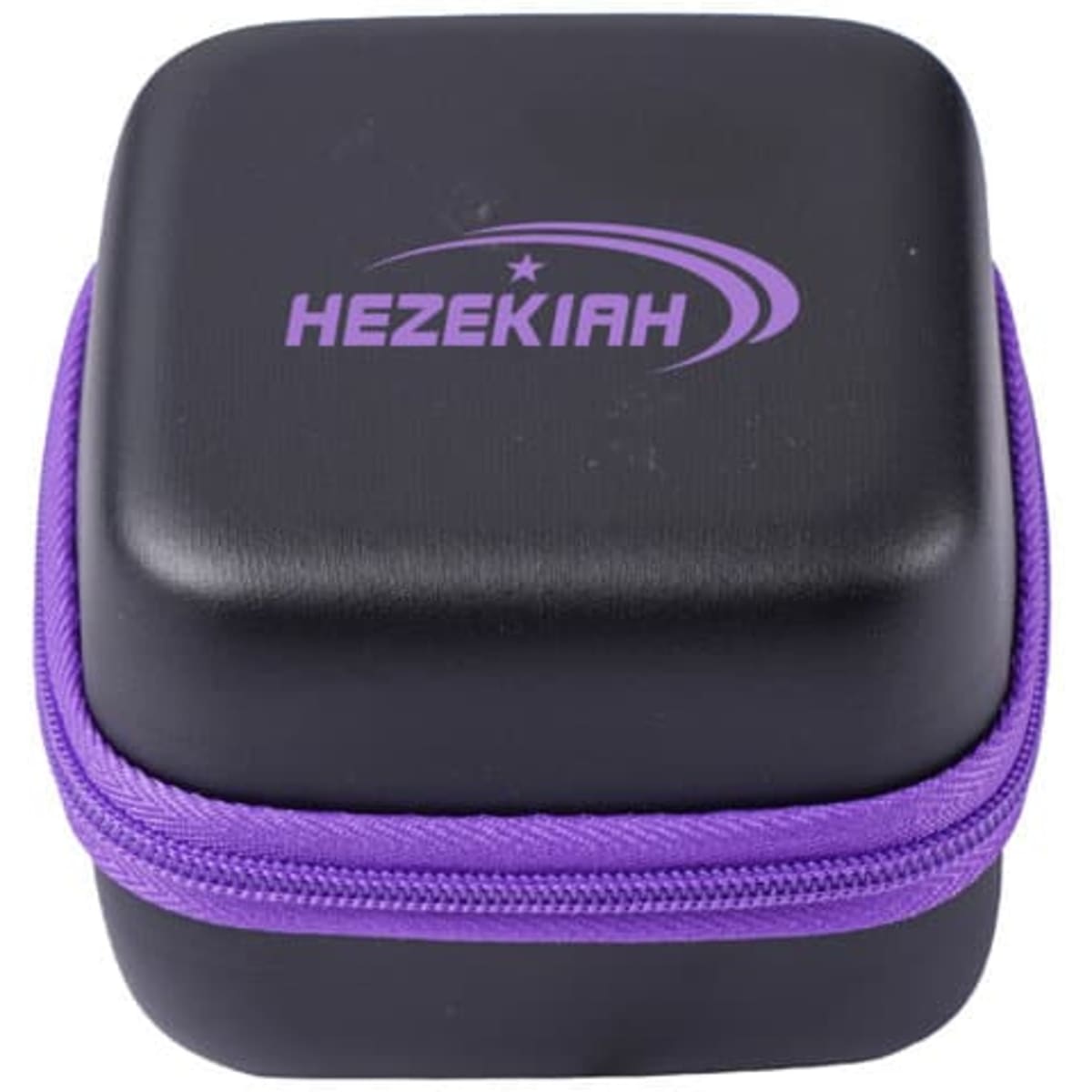 A small black case with a purple zip and branding, designed for storing essential oil bottles.