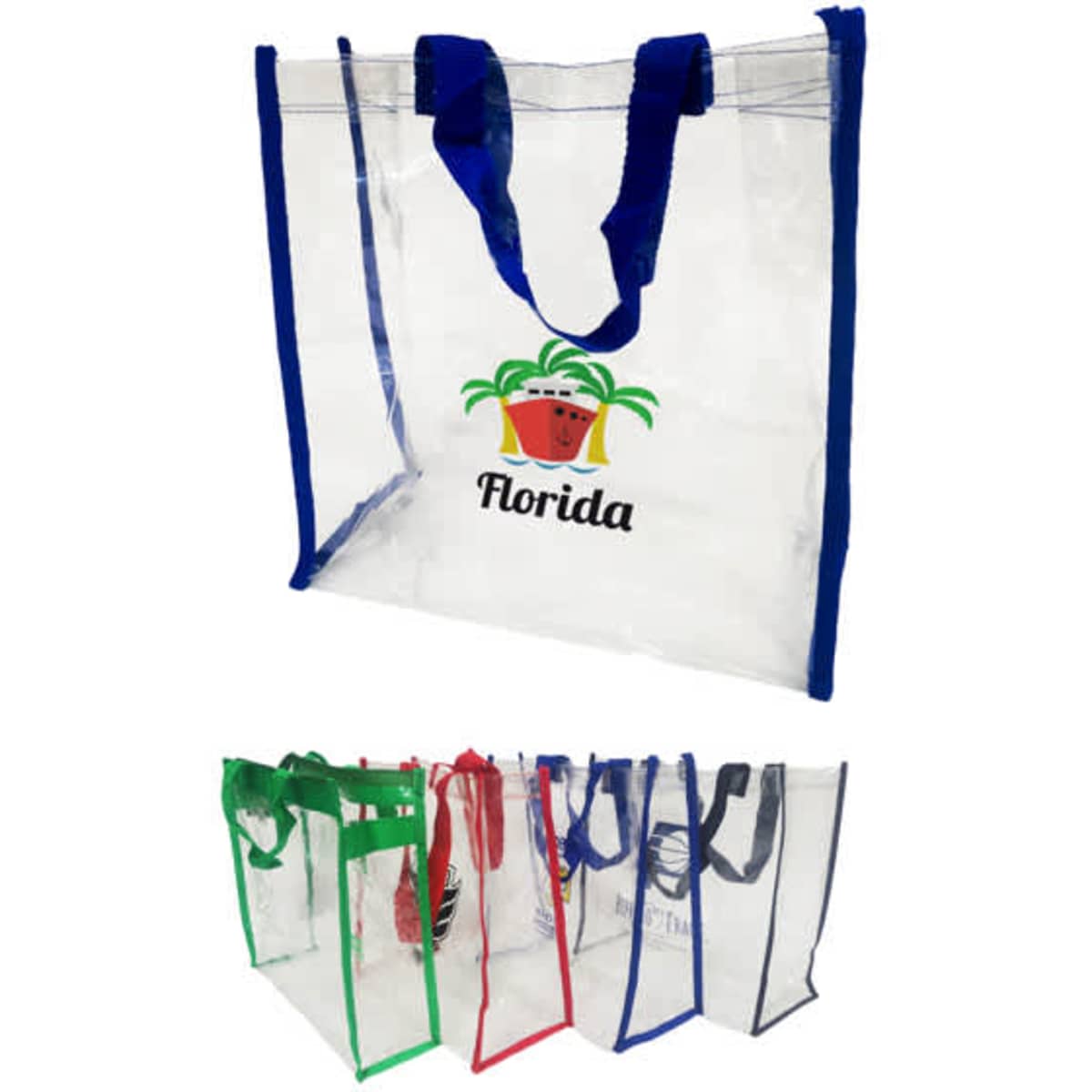 A clear PVC tote shopping bag with blue handles, featuring a logo. Other bags in red, green, and pink are below.